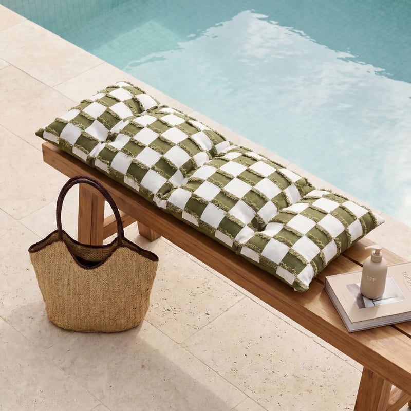 Check Olive Tufted Woven Bench Seat Cushion 