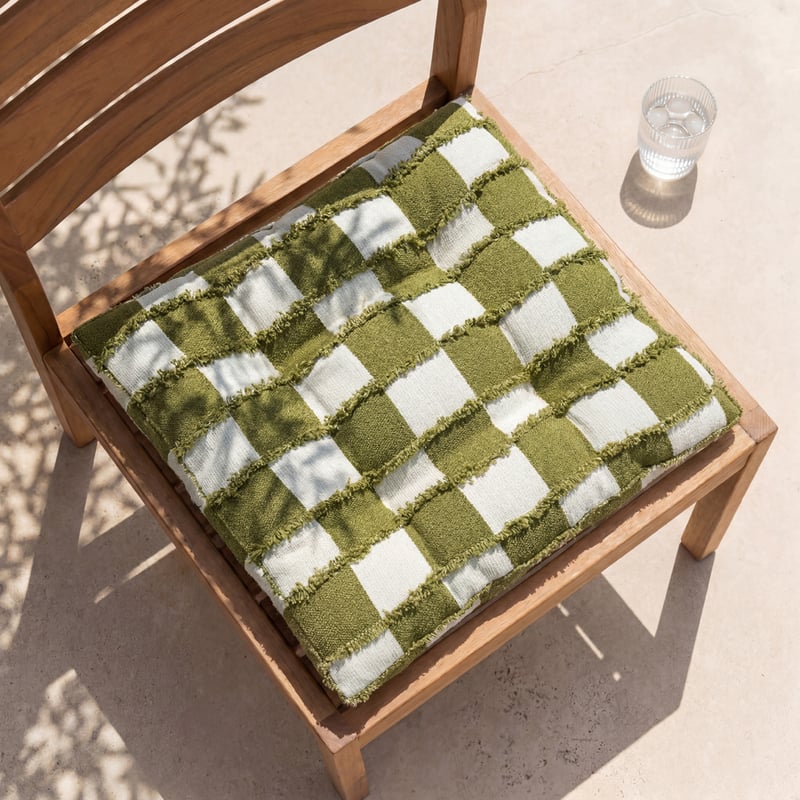 Check Olive Tufted Woven Chair Pad 