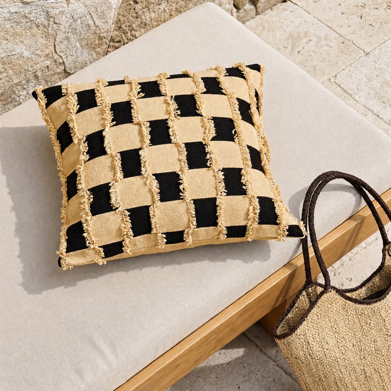 Check Natural & Black Tufted Woven Cushion