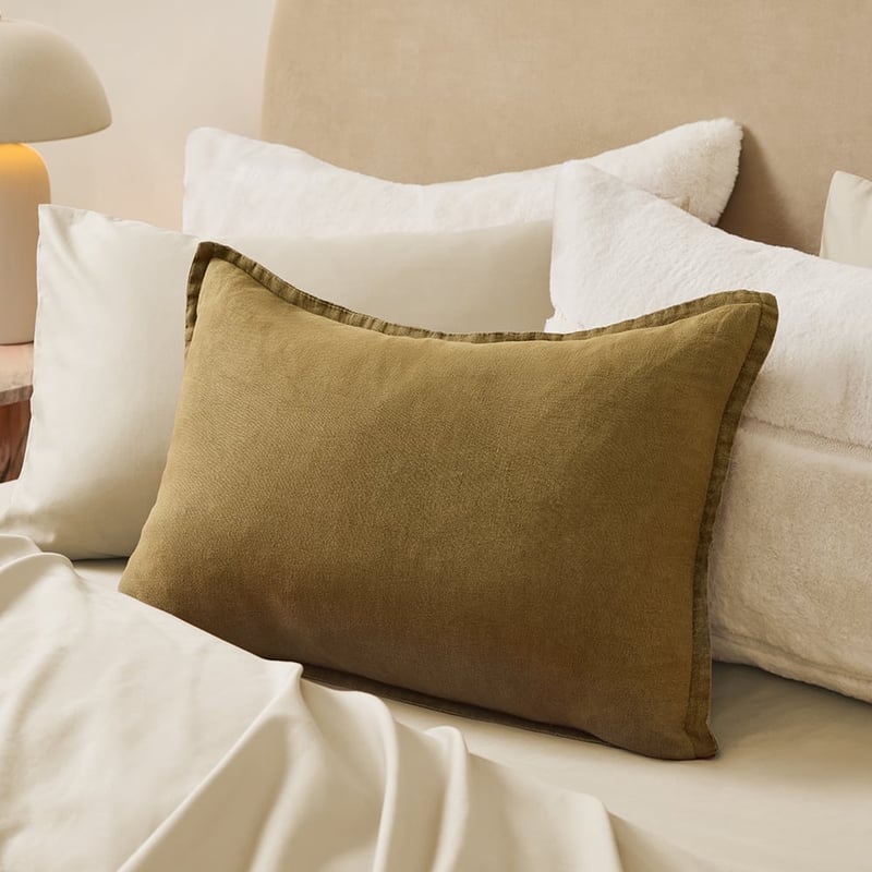 Belgian Olive Vintage Washed Linen Long Cushion