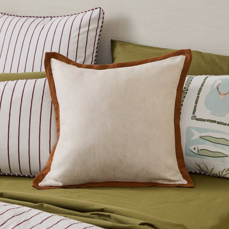 Belgian Vintage Washed Linen Linen & Brown Sugar Border Cushion