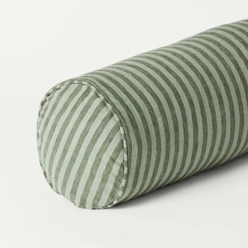 Belgian Vintage Washed Linen Gumleaf & Pine Bengal Stripe Bolster Cushion