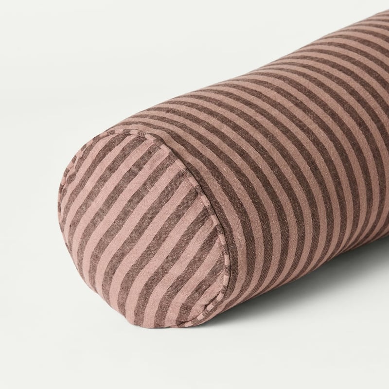 Belgian Vintage Washed Linen Mocha & Chocolate Bengal Stripe Bolster Cushion