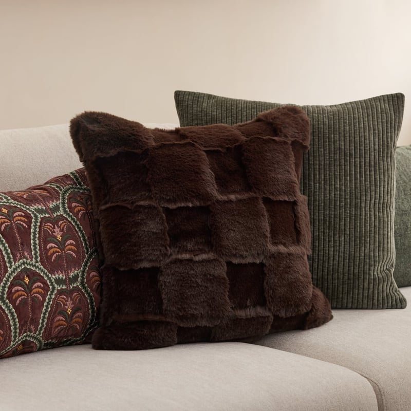 Clea Chocolate Check Recycled Fur Cushion