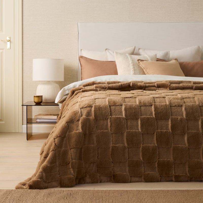 Clea Mocha Check Recycled Fur Blanket