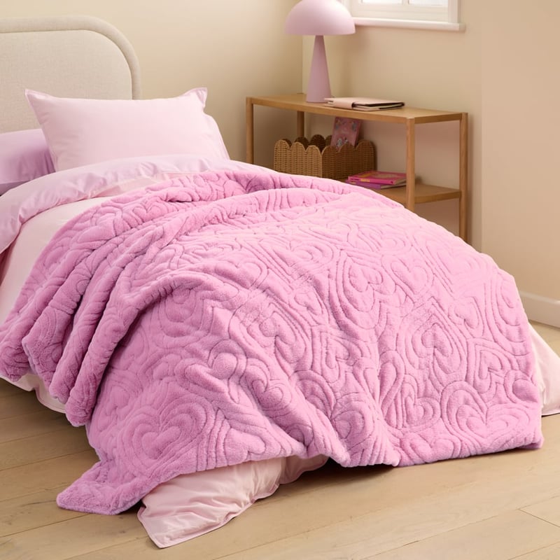 Heart Love Recycled Faux Fur Quilted Pink Blanket