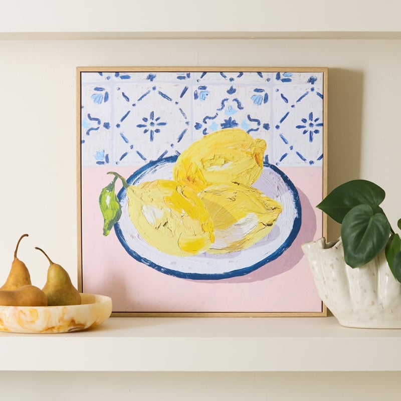 Fruit Bowl Lemons Pink & Blue Square Canvas