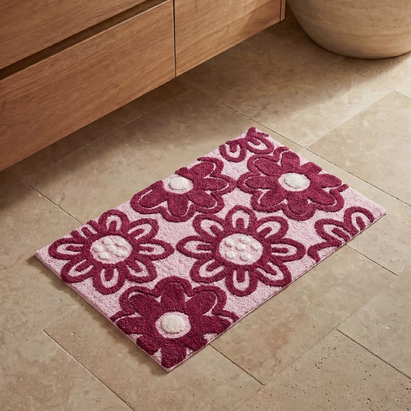 Poppy Pink & Burgundy Floral Bath Mat