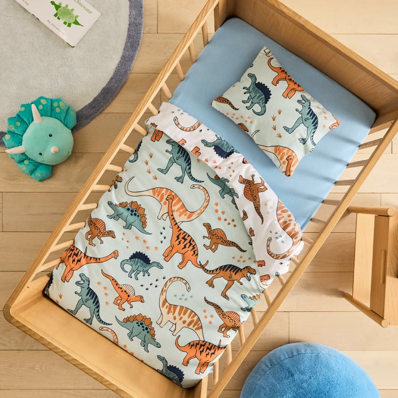  Dinosaur Friends Green Flannelette Cot Quilt Cover Set