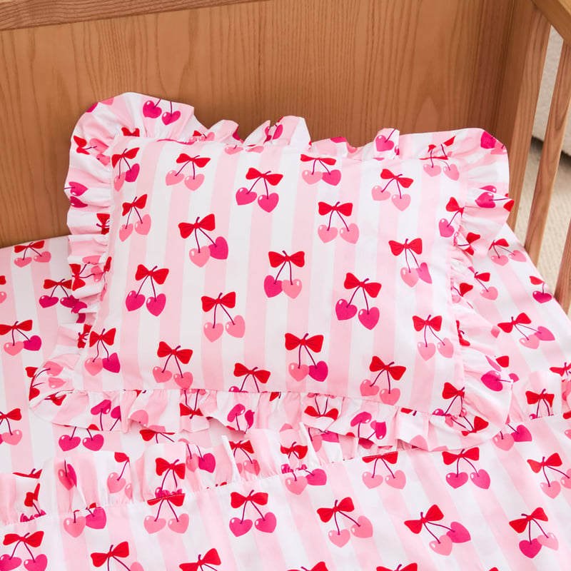 Cherry Bow Pink Ruffle Cot Sheet Set