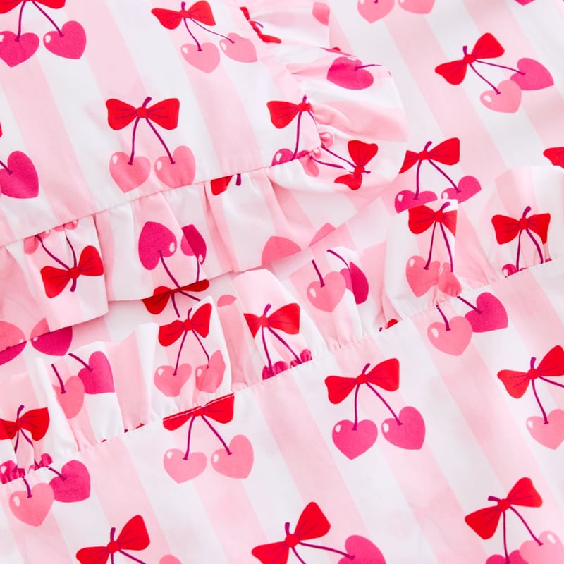 Cherry Bow Pink Ruffle Cot Sheet Set