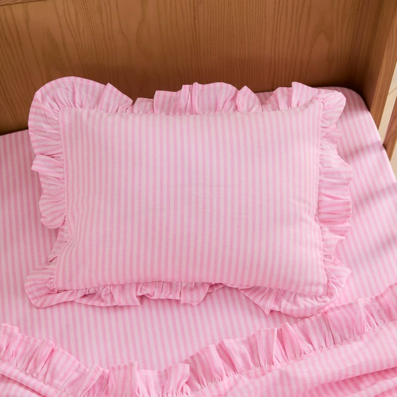 Harper Pink Stripe Ruffle Cot Sheet Set