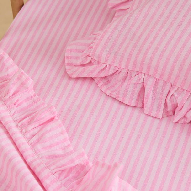 Harper Pink Stripe Ruffle Cot Sheet Set