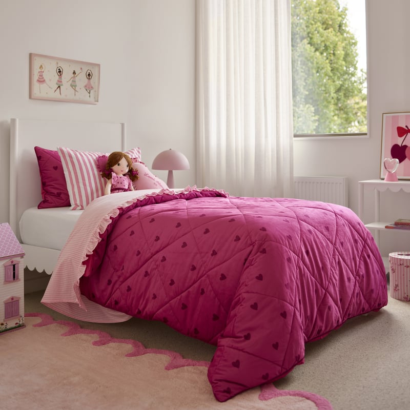 Velvet Pink Heart Quilted Quilt Cover Set