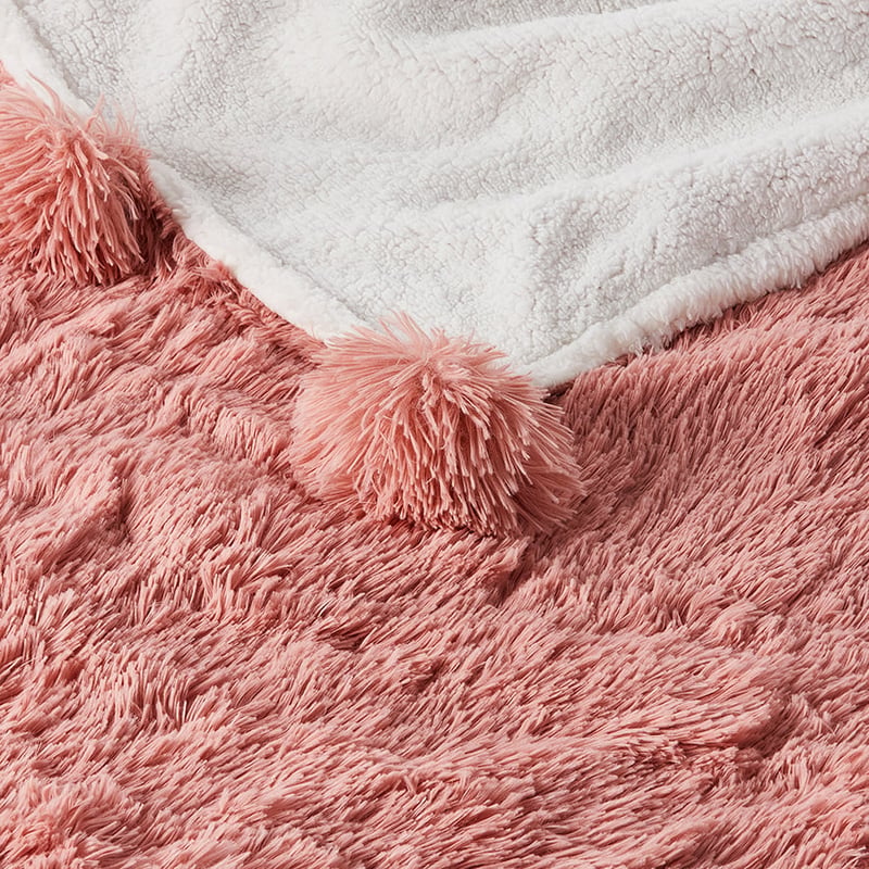Snuggly Sherpa Apricot Pom Pom Blanket  