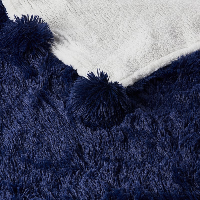 Snuggly Sherpa Navy Pom Pom Blanket  