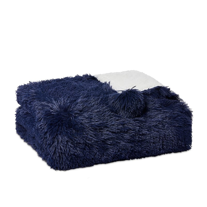 Snuggly Sherpa Navy Pom Pom Blanket  