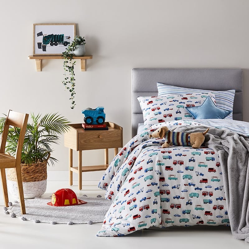 Truckin' Along Grey Flannelette Quilt Cover Set