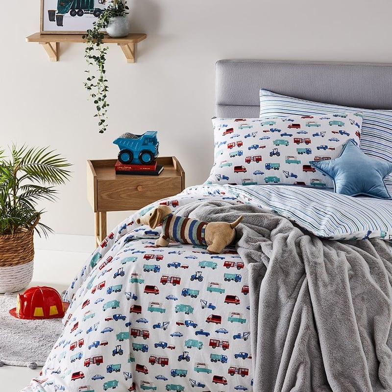 Truckin' Along Grey Flannelette Quilt Cover Set