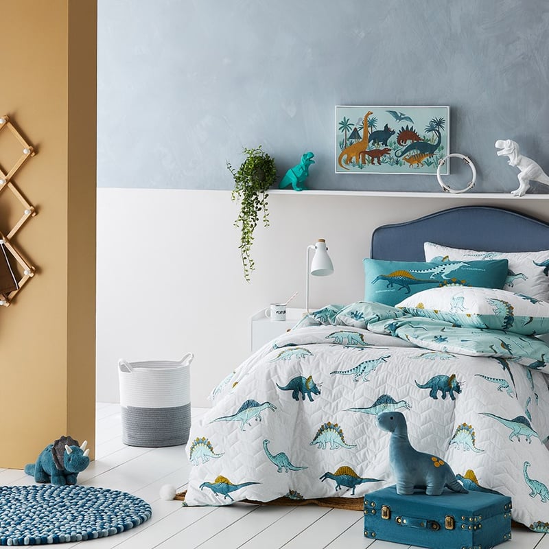 Dino Friends Cotton Bamboo Quilted Blue Quilt Cover Set