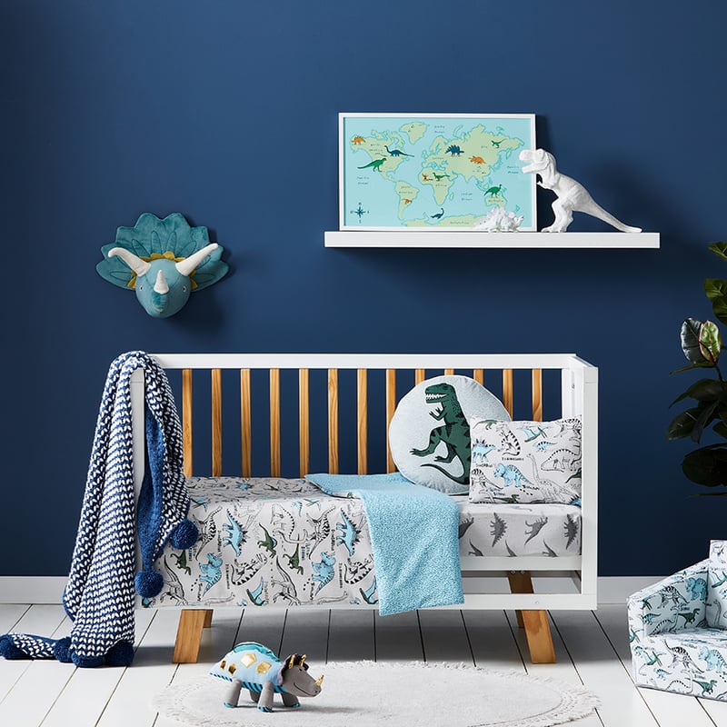 Name The Dino Flannelette Cot Pale Grey Cot Quilt Cover Set