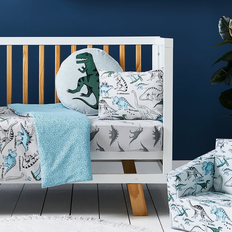 Name The Dino Flannelette Cot Pale Grey Cot Quilt Cover Set