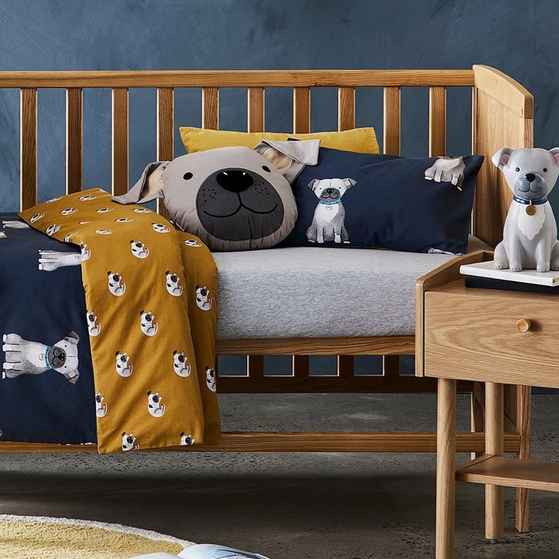 Puppy Dog Stonewashed Navy Cot Quilt Cover Set