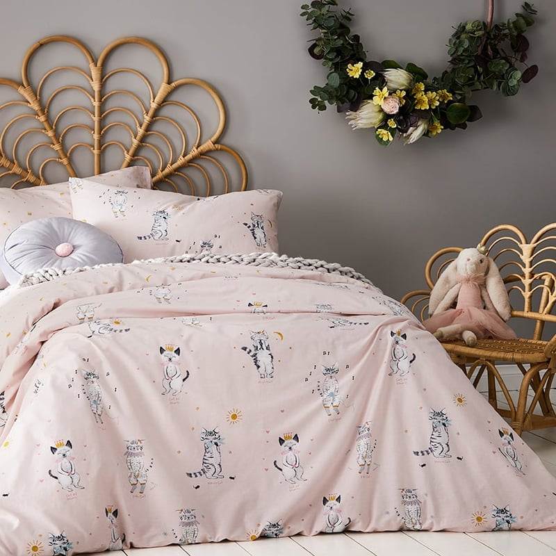 Night Cat Pale Pink Stonewash Cot  Quilt Cover Set