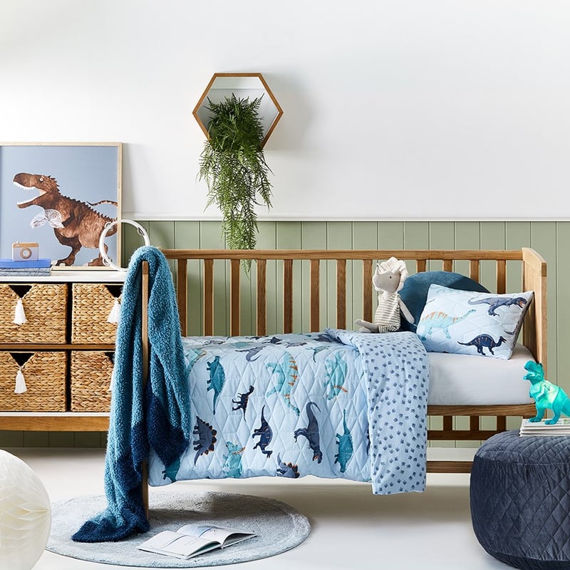 Dino Footprints Quilted Jersey Sky Blue Cot Quilt Cover Set