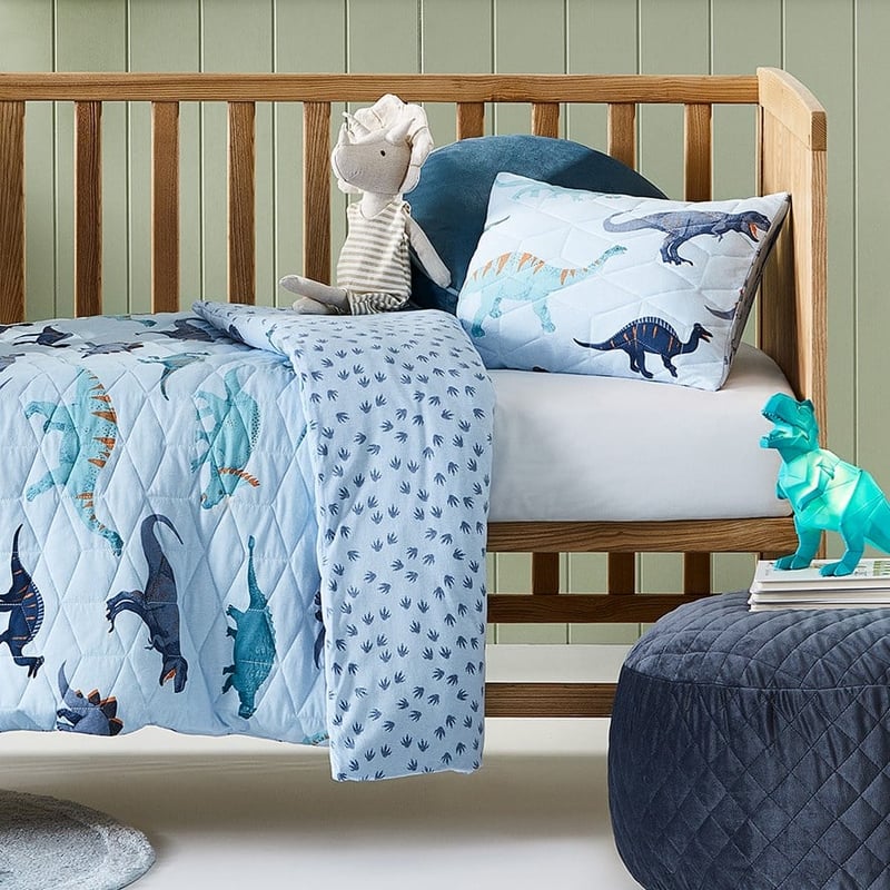 Dino Footprints Quilted Jersey Sky Blue Cot Quilt Cover Set