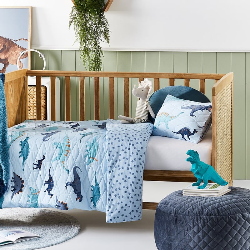 Dino Footprints Quilted Jersey Sky Blue Cot Quilt Cover Set