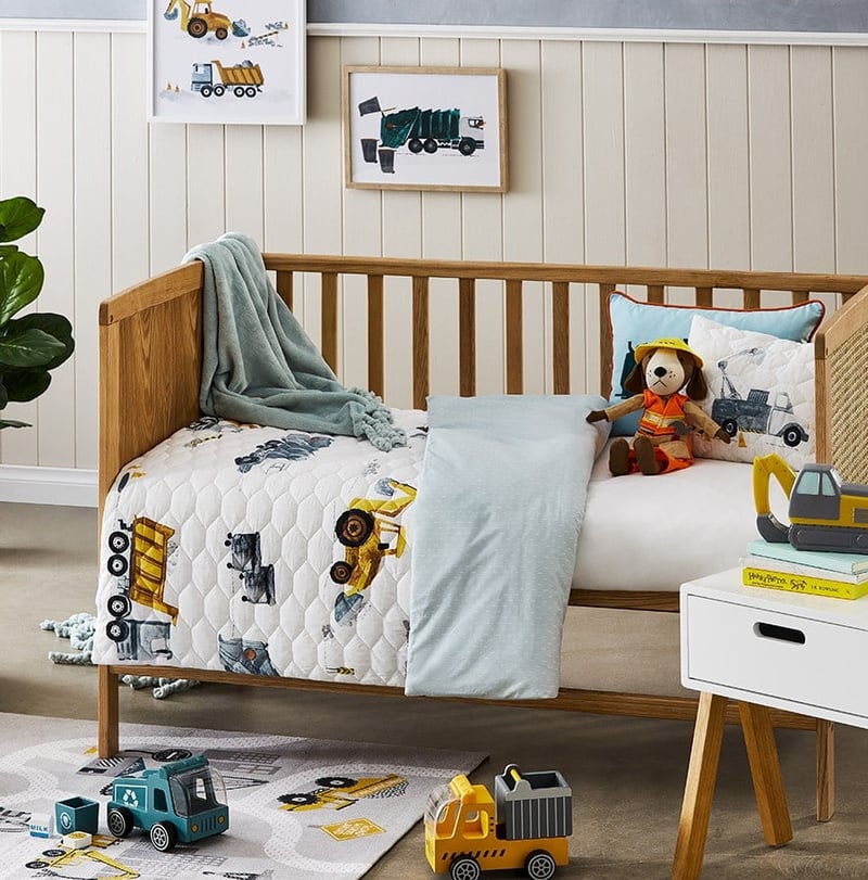 Under Construction White Quilted Cot Quilt Cover Set