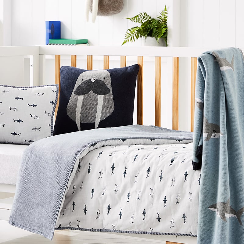 Shark Quilted Cot Quilt Cover Set Grey