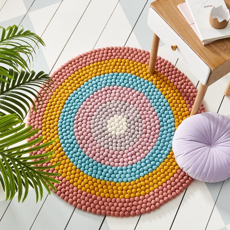 Designer Rainbow Stripe Felt Round Rug