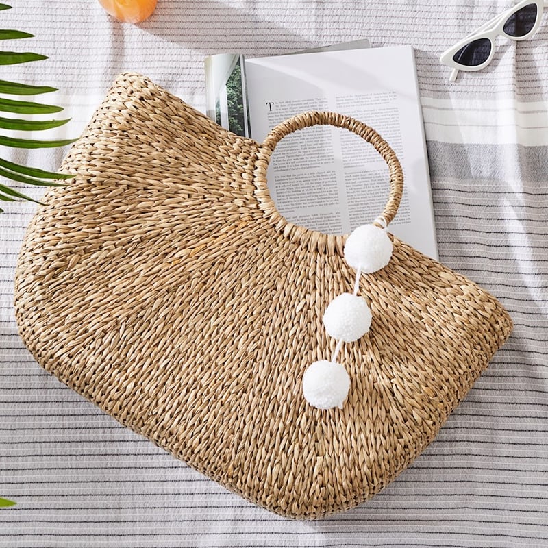 Seagrass Natural Pom Pom Beach Basket