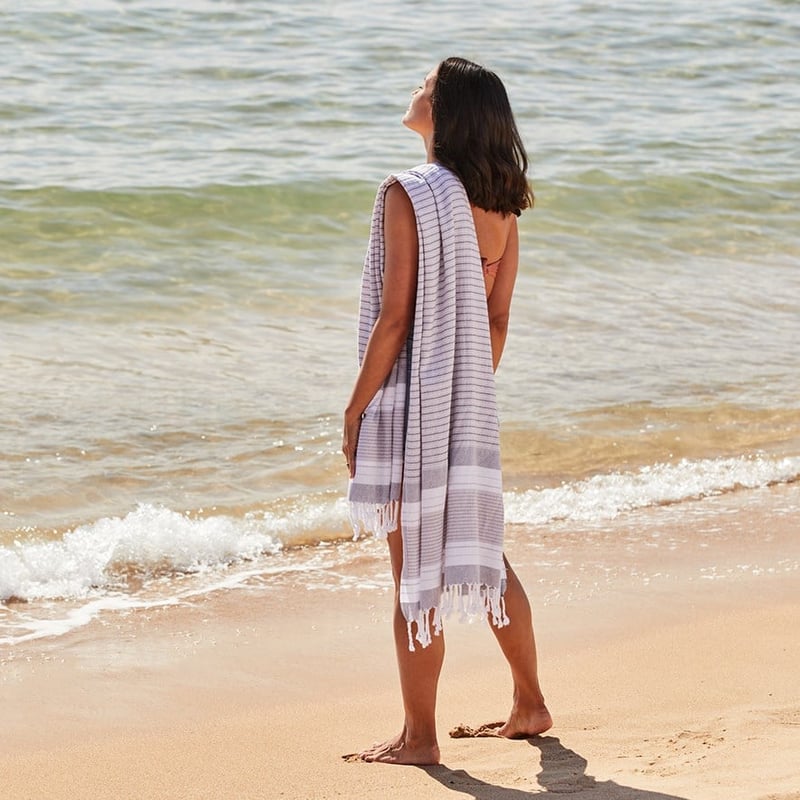 European Turkish Peshtemal Marmaris Stripe Grey Beach Towel