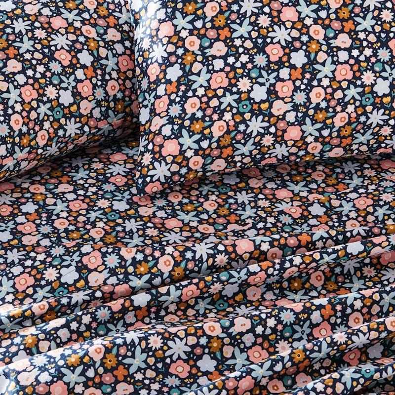 Printed Navy Flower Bomb Flannelette Sheet Set