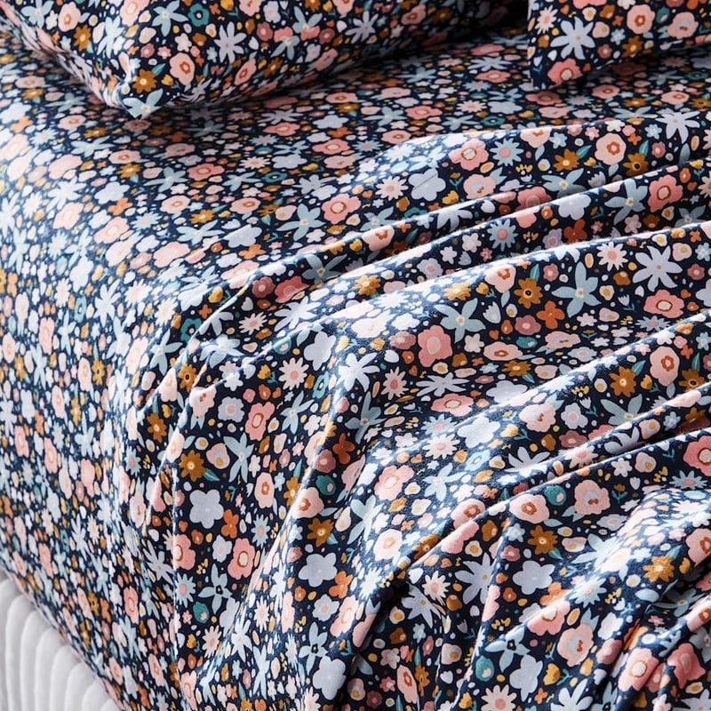 Printed Navy Flower Bomb Flannelette Sheet Set