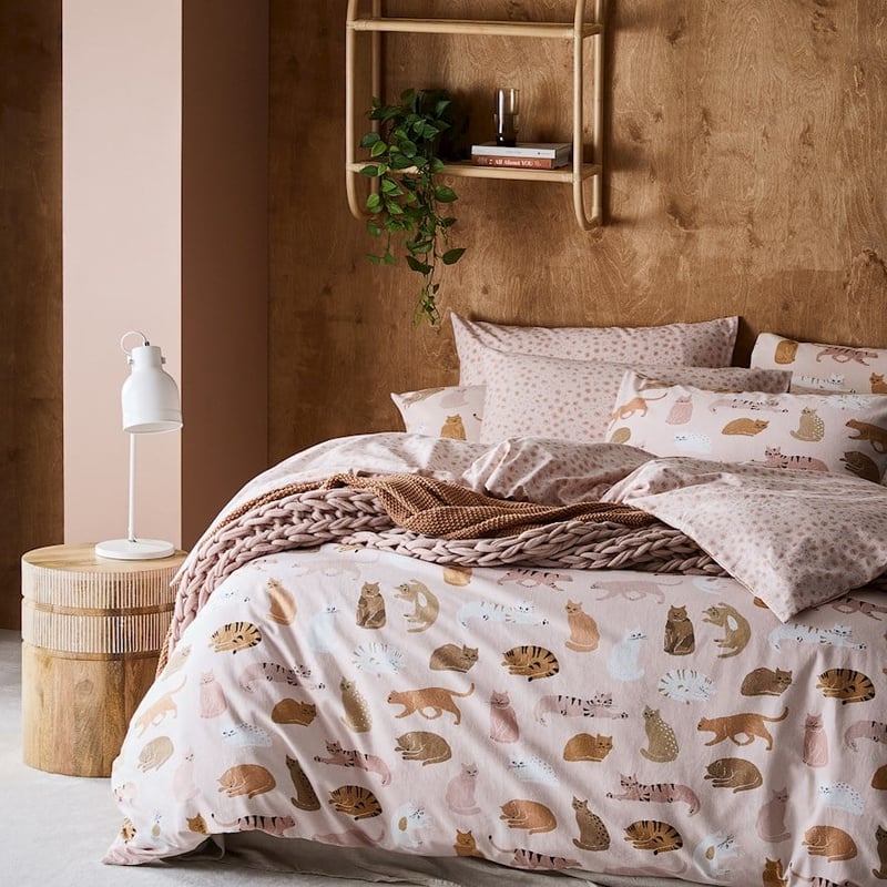 Printed Pink Cat Flannelette Quilt Cover Set + Separates