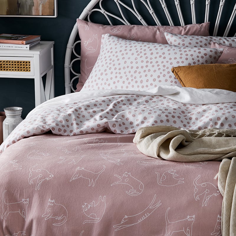 Printed Flannelette Pink Cat Quilt Cover Set + Separates