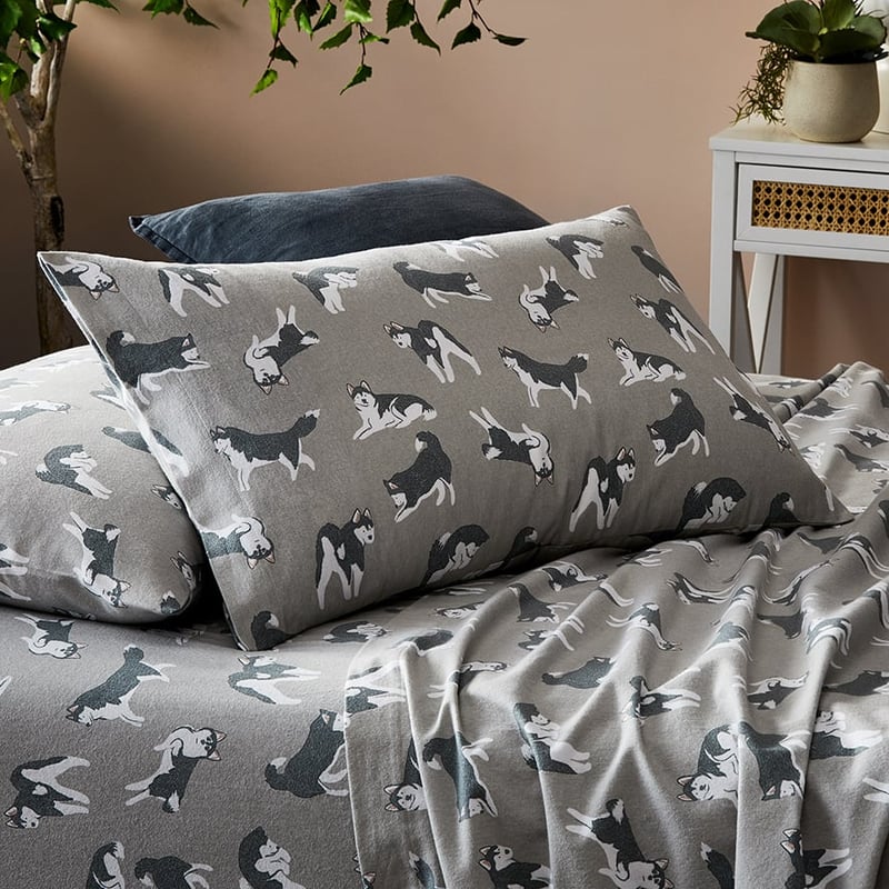 Printed Flannelette Silver Husky Sheet Set