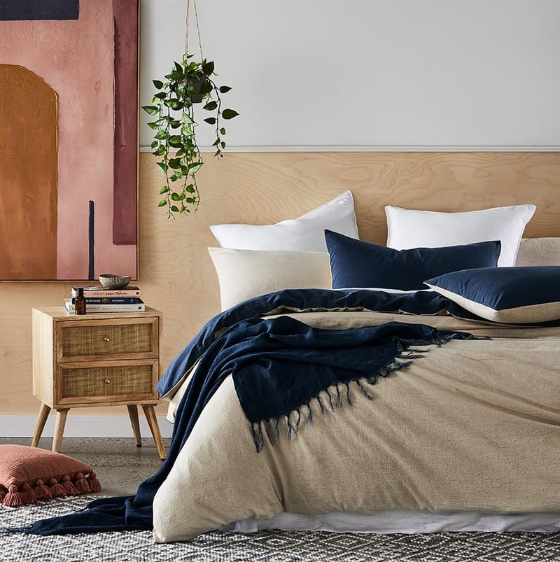 Olsen Linen Cotton Queen Natural & Navy Quilt Cover Set + Separates