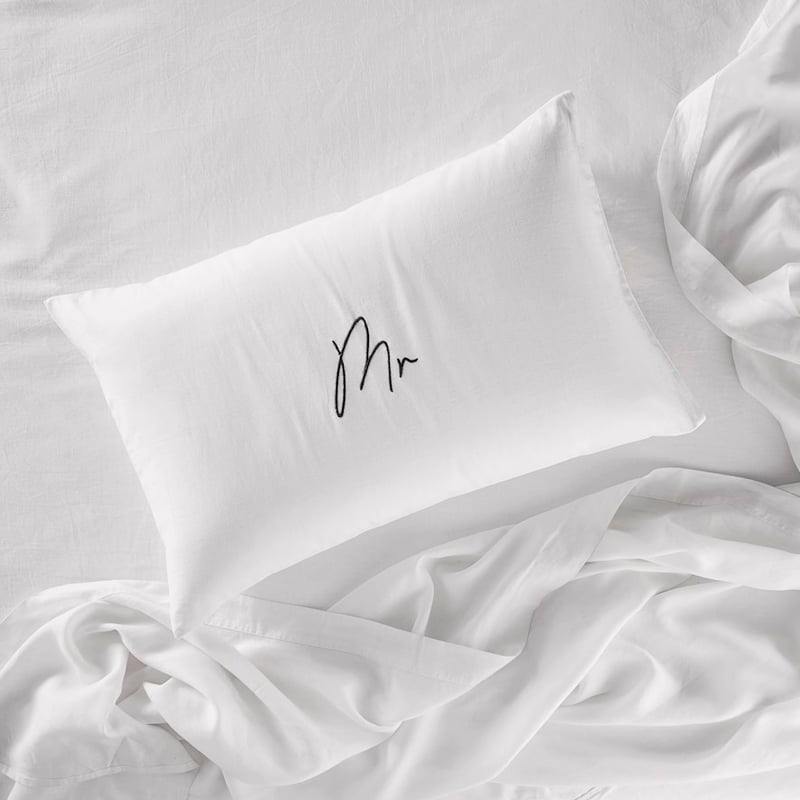 Vintage Washed Linen Cotton Mr Embroidered Pillowcase