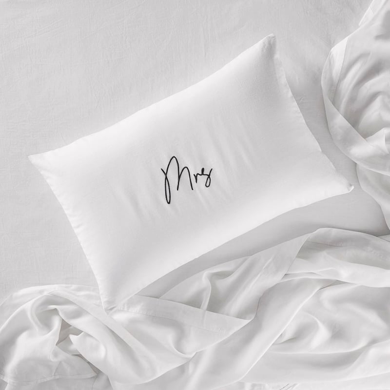 Vintage Washed Linen Cotton Mrs Embroidered Pillowcase
