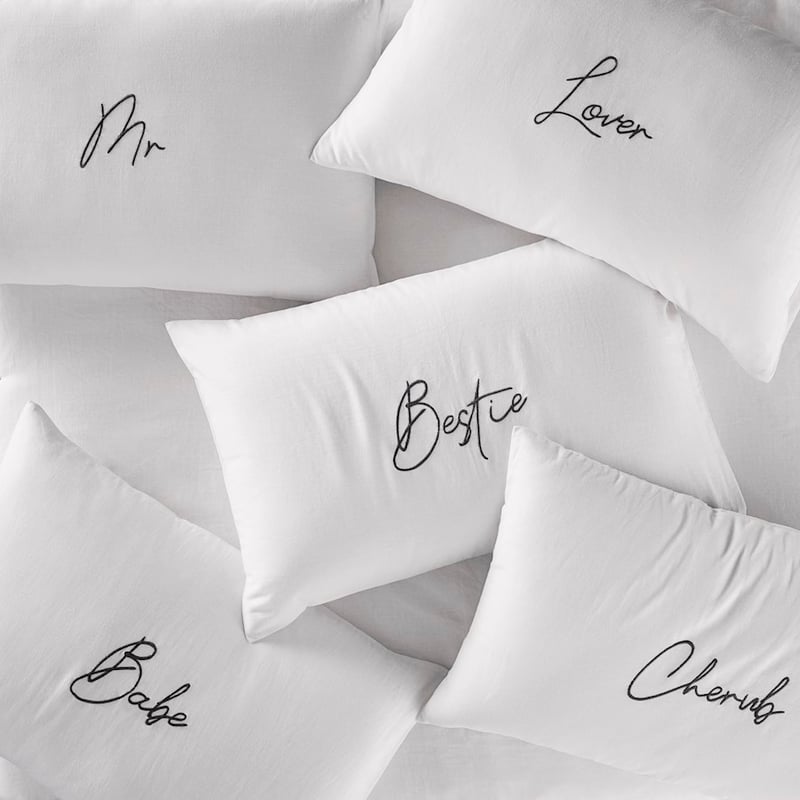 Vintage Washed Linen Cotton Mrs Embroidered Pillowcase
