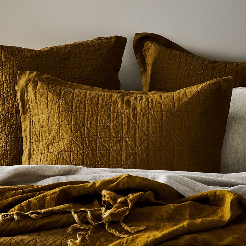 Vintage Washed Linen Olive Oil Quilted Pillowcase