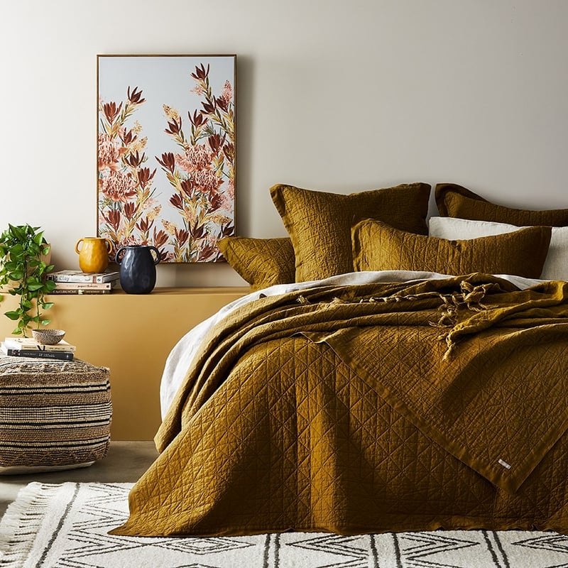Vintage Washed Linen Olive Oil Quilted Pillowcase