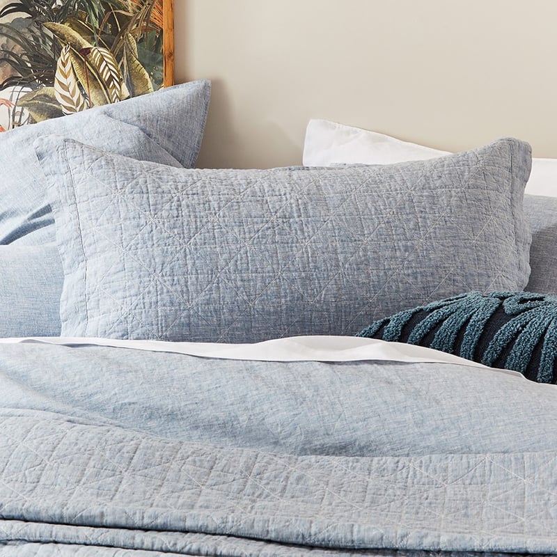 Vintage Washed Linen Sky Blue Quilted Pillowcase