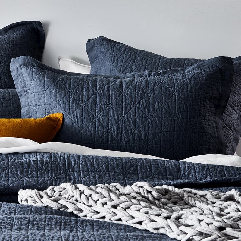 Vintage Washed Linen Steel Blue Quilted Pillowcase