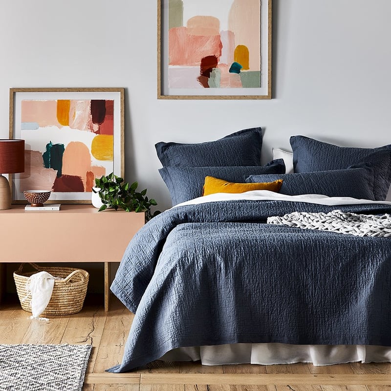 Vintage Washed Linen Steel Blue Quilted Pillowcase